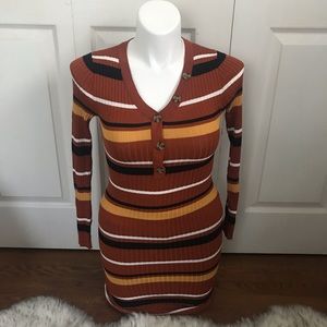 Button Striped Fall Burnt Orange Red Yellow Dress